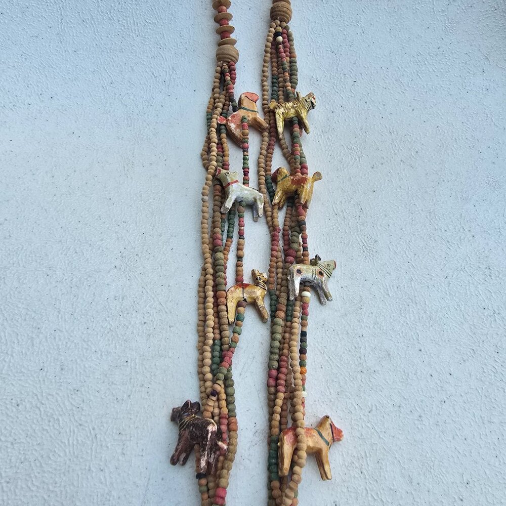 Vintage Wooden Beaded Animal Fetish Safari Necklace 6 Strand Wooden Beads Animal